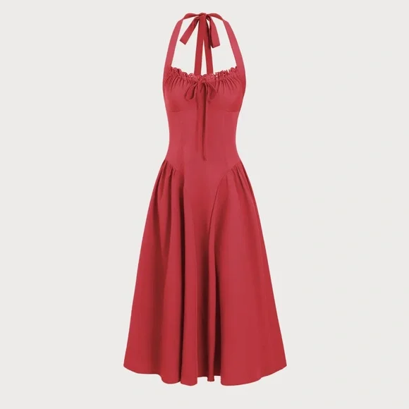 Rihoas Red Ruched Halter Midi Dress - Picture 5 of 8